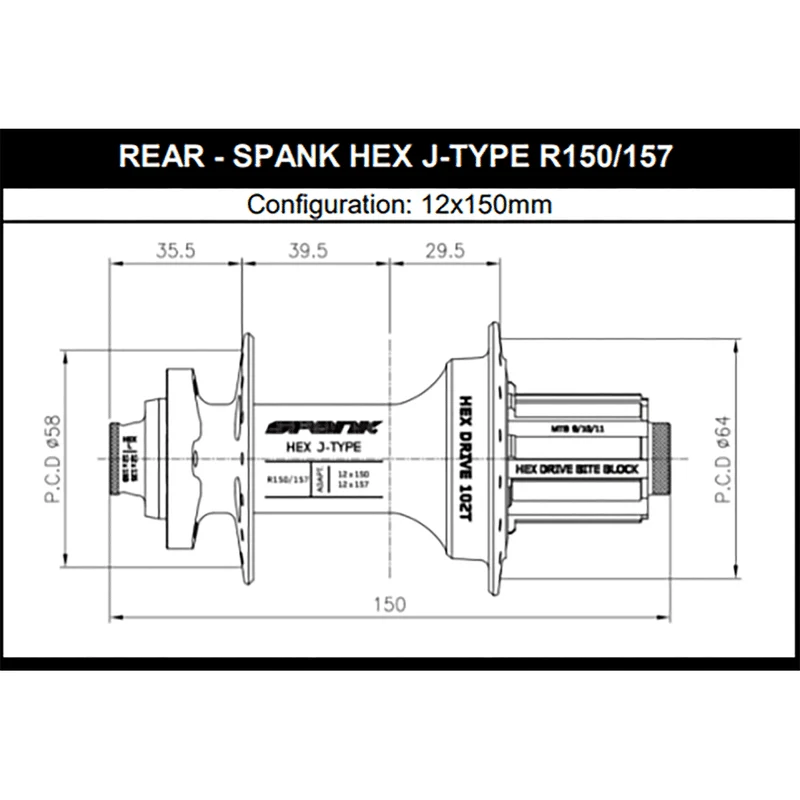 Moyeu Arrière SPANK HEX DRIVE 102T 12x150/157 mm Noir