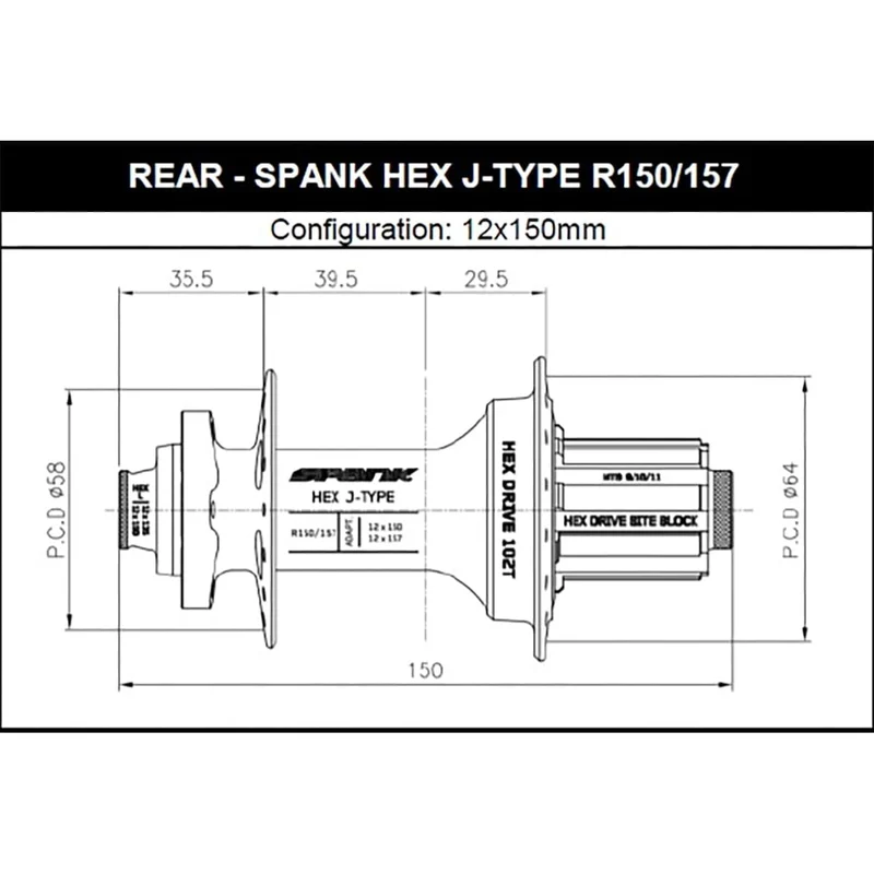Moyeu Arrière SPANK HEX DRIVE 102T 12x150/157 mm Noir
