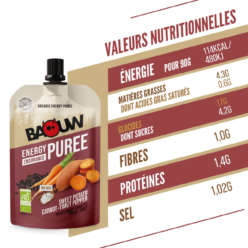 Purée Energétique BAOUW Bio Recette Salée Patate Douce/Carotte/Poivre (90g)