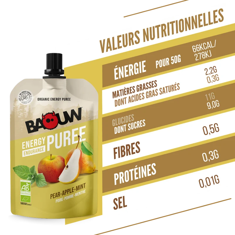 Purée Energétique BAOUW Bio Recette aux Fruits Poire/Pomme/Menthe (90g)