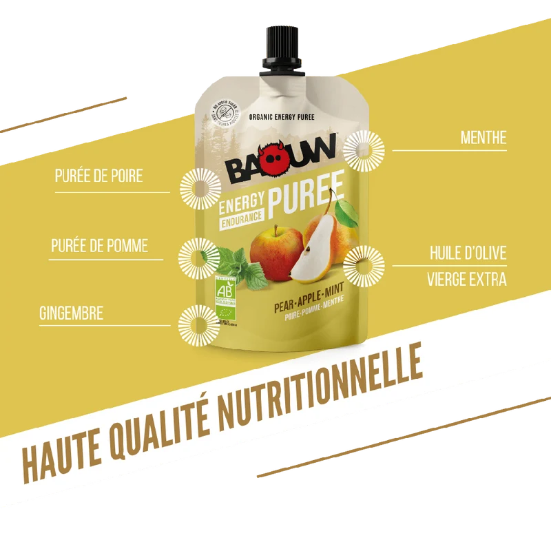 Purée Energétique BAOUW Bio Recette aux Fruits Poire/Pomme/Menthe (90g)