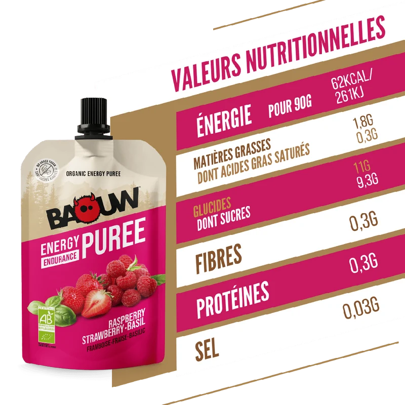 Purée Energétique BAOUW Bio Recette aux Fruits Framboise/Fraise/Basilic (90g)