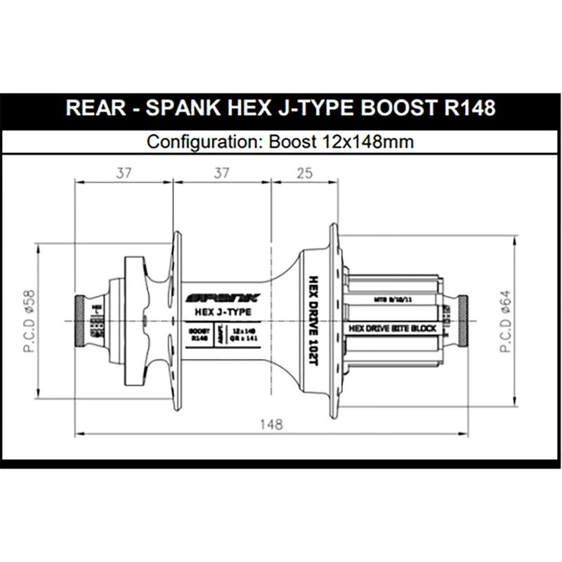 Moyeu Arrière SPANK HEX DRIVE J-Type 102T 12x148 mm Boost E-Plus Rouge