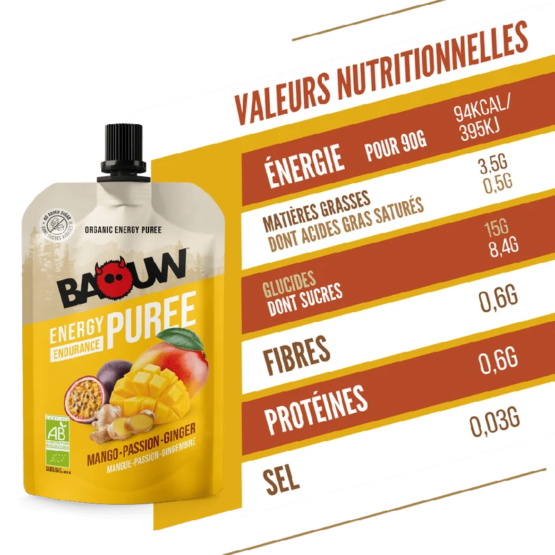 Purée Energétique BAOUW Bio Recette Mangue/Passion/Gingembre (90g)